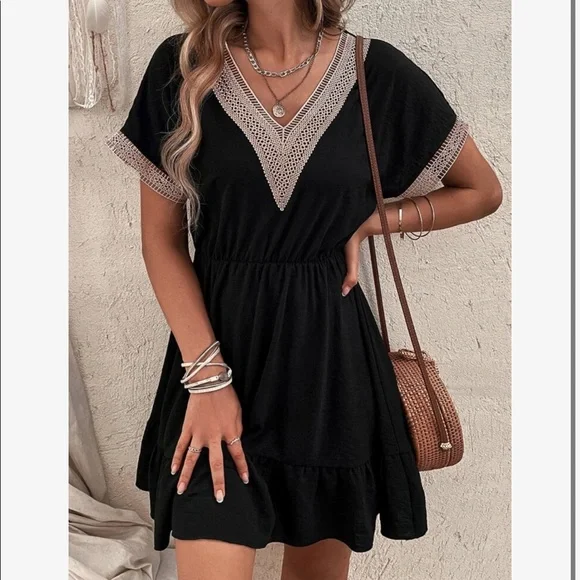 Boho Sheer Mesh Crochet Lace Flounce Sleeve Ruffle Dress - Picture 7 of 15